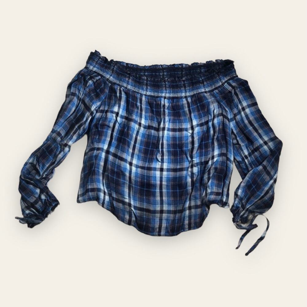 New Mossimo blue off the shoulder plaid top large